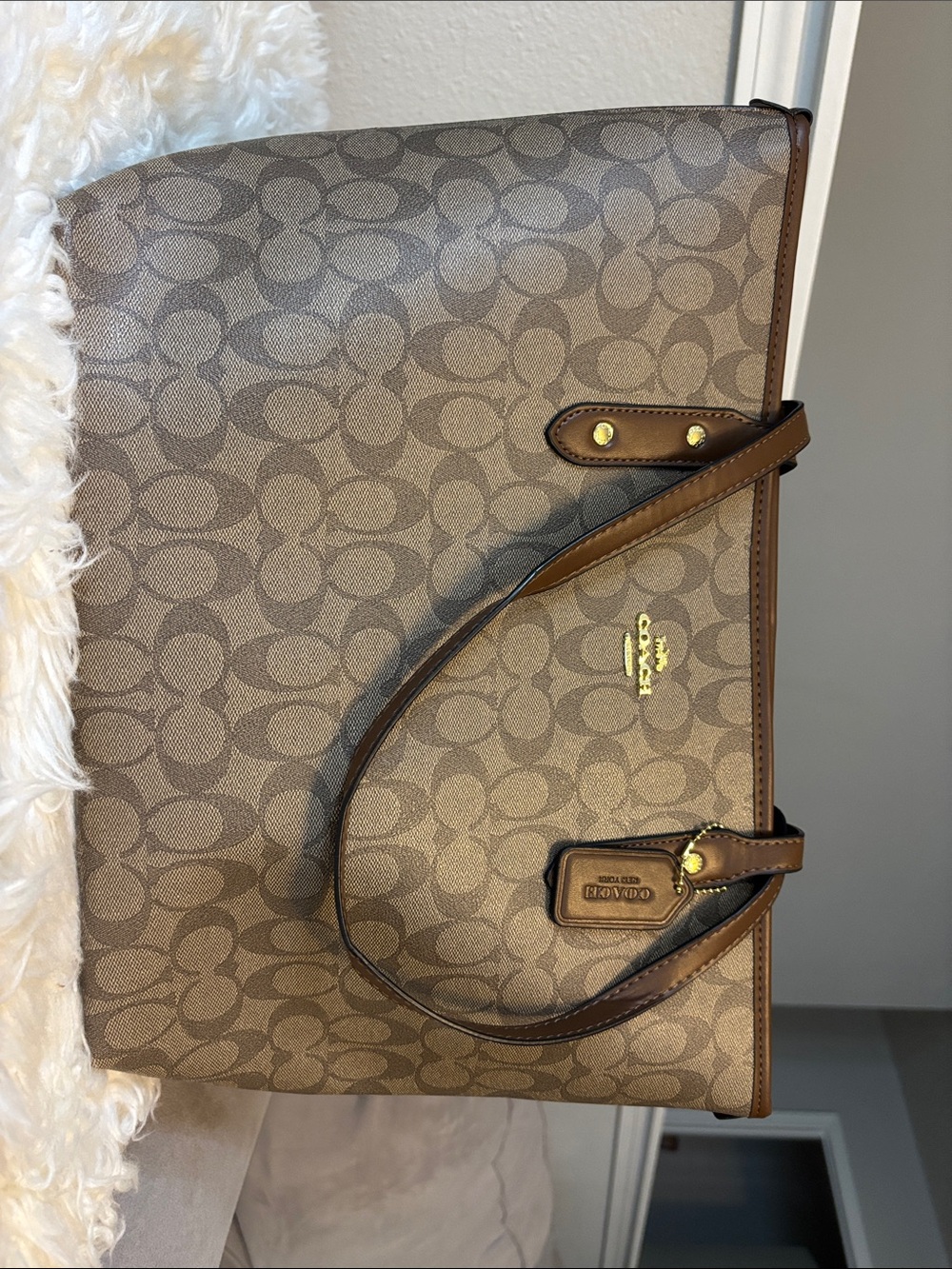 Coach Brown Signature Canvas Tote with Leather Trim